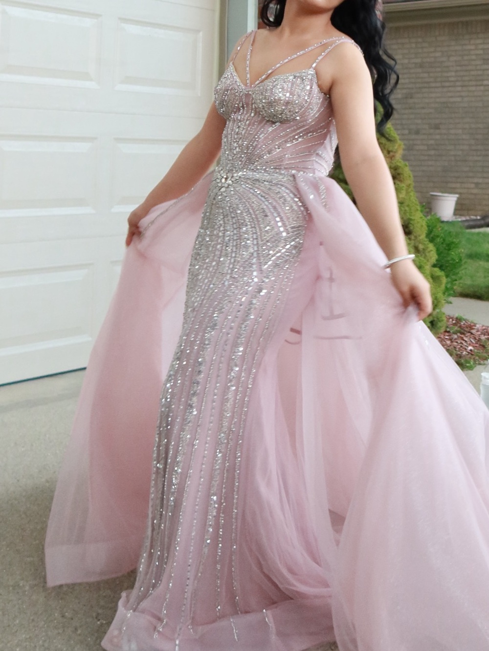 Embellished Pink Tulle Prom Gown with Crystal Accents - Picture 5 of 5